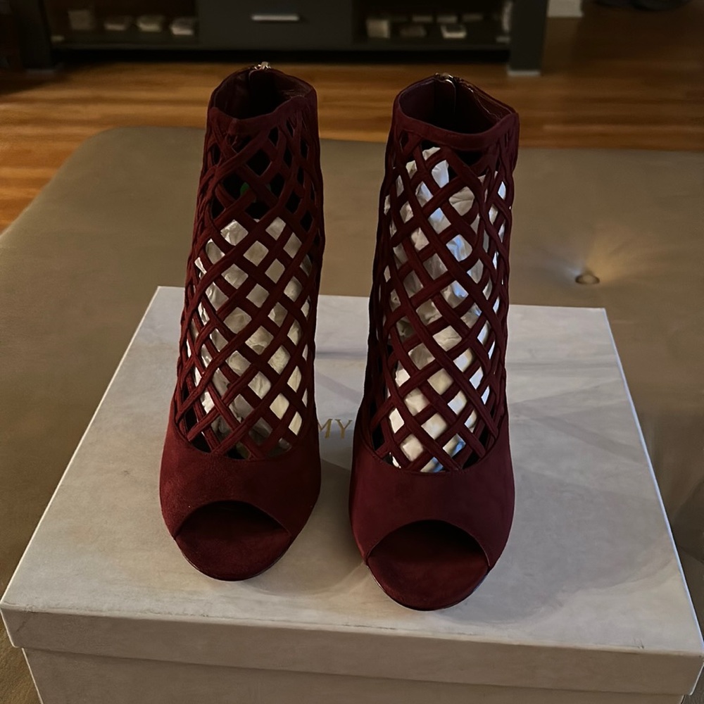 Jimmy choo claret suede drift cutout heels.
